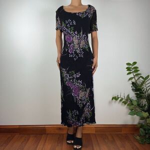 Vintage 90s Fashion Black Floral Fairy Flowy Midi Dress / Size: Large